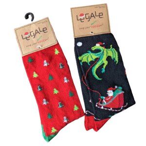 2 NWT Pairs of Men's Holiday Socks, Santa with a Dragon and Christmas Trees